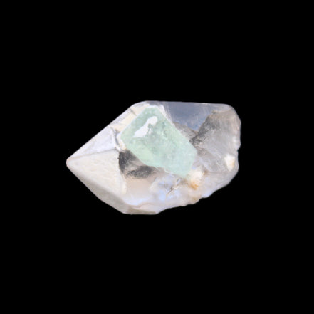 Green Tourmaline crystal on double-terminated Clear Quartz crystal 5.1g in sunlight - Rocks and Things Store