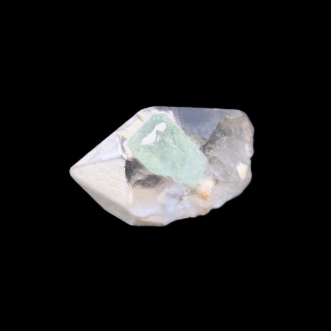 Green Tourmaline crystal on double-terminated Clear Quartz crystal 5.1g in sunlight - Rocks and Things Store