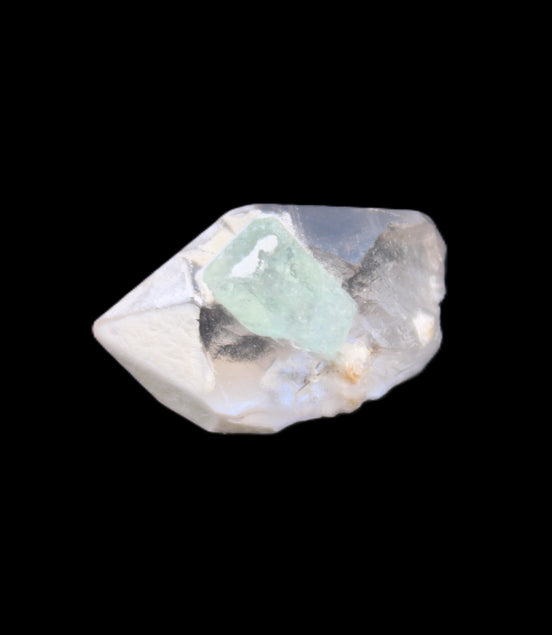 Green Tourmaline crystal on double-terminated Clear Quartz crystal 5.1g in sunlight - Rocks and Things Store