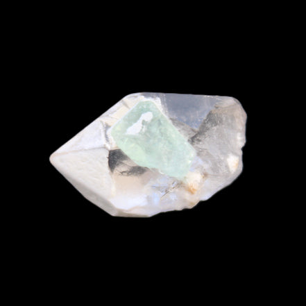 Green Tourmaline crystal on double-terminated Clear Quartz crystal 5.1g in sunlight - Rocks and Things Store