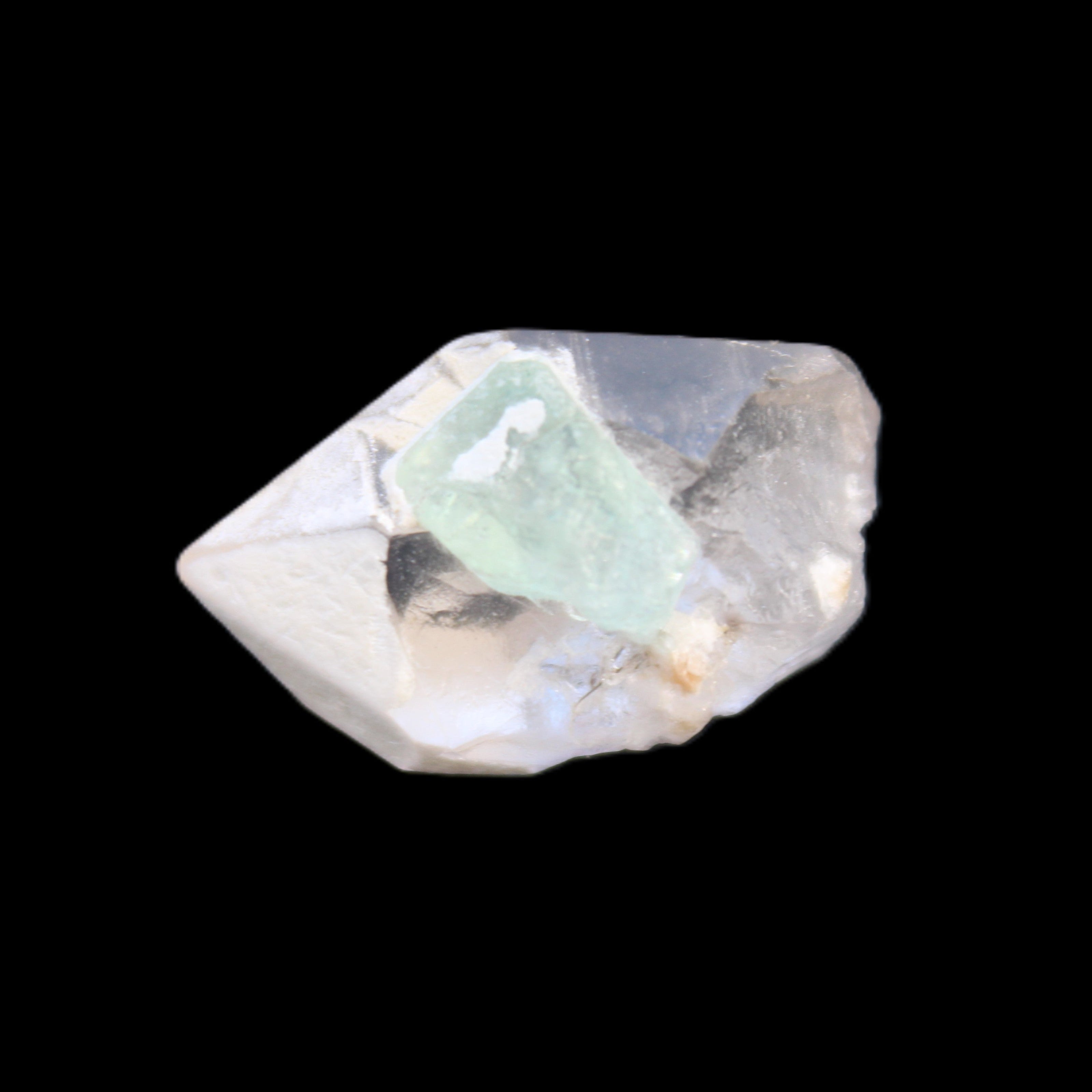 Green Tourmaline crystal on double-terminated Clear Quartz crystal 5.1g in sunlight - Rocks and Things Store