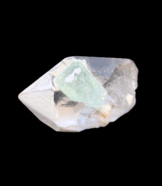 Green Tourmaline crystal on double-terminated Clear Quartz crystal 5.1g in sunlight - Rocks and Things Store