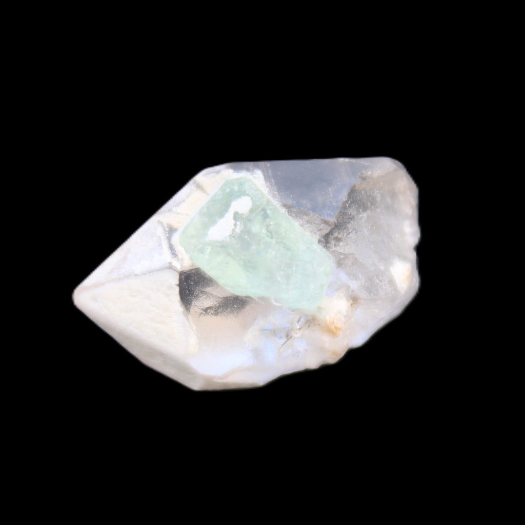 Green Tourmaline crystal on double-terminated Clear Quartz crystal 5.1g in sunlight - Rocks and Things Store