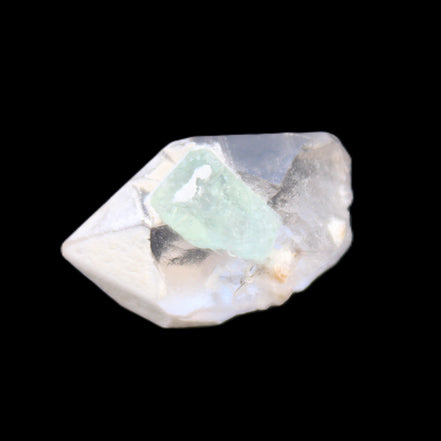 Green Tourmaline crystal on double-terminated Clear Quartz crystal 5.1g in sunlight - Rocks and Things Store