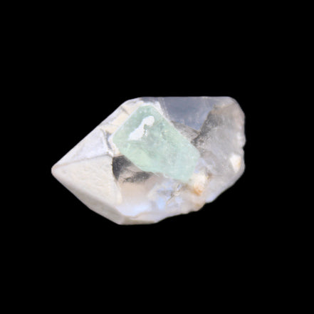 Green Tourmaline crystal on double-terminated Clear Quartz crystal 5.1g in sunlight - Rocks and Things Store