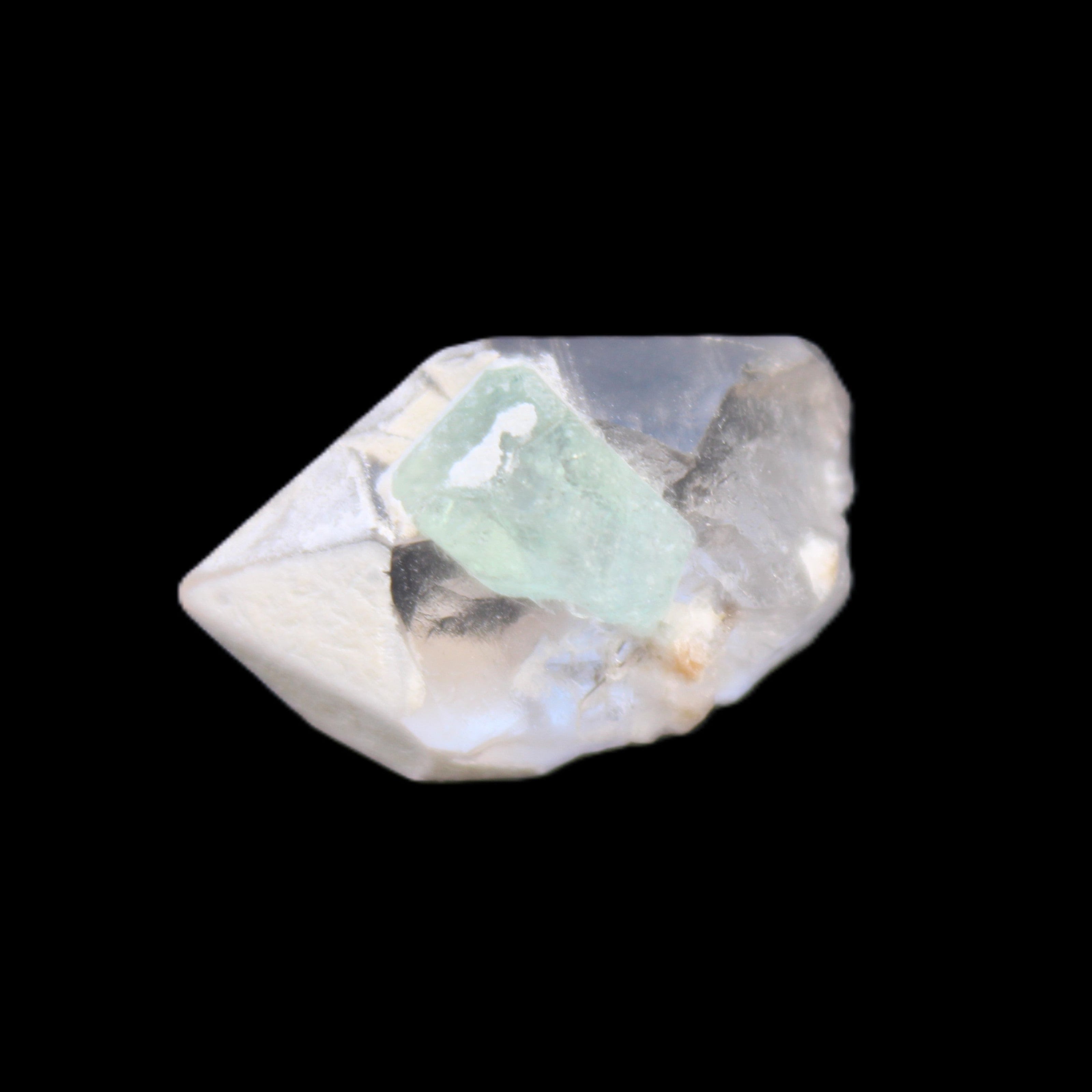 Green Tourmaline crystal on double-terminated Clear Quartz crystal 5.1g in sunlight - Rocks and Things Store