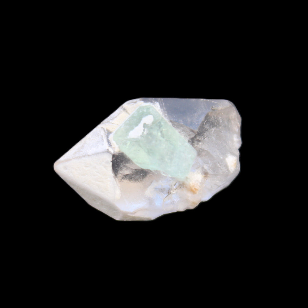 Green Tourmaline crystal on double-terminated Clear Quartz crystal 5.1g in sunlight - Rocks and Things Store
