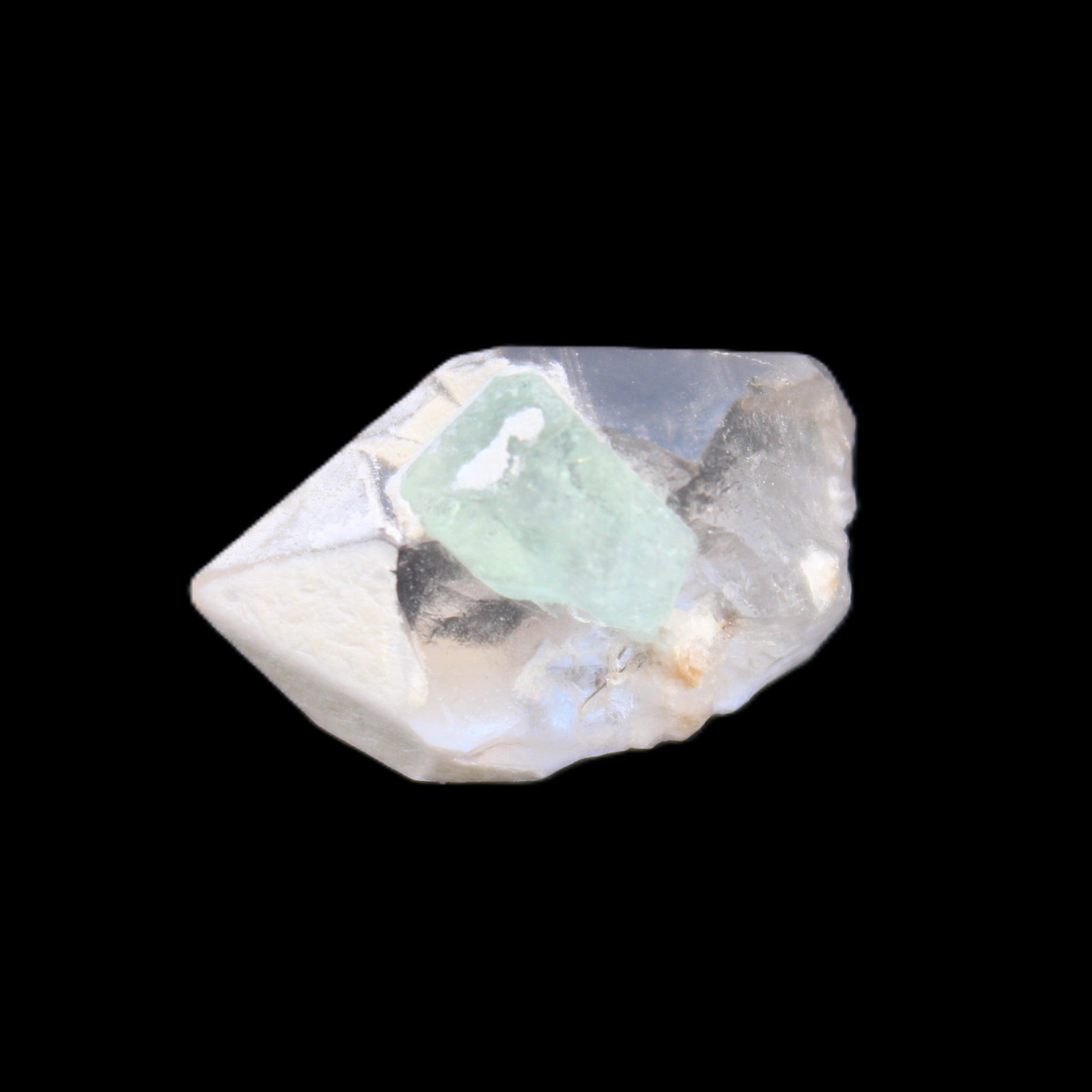 Green Tourmaline crystal on double-terminated Clear Quartz crystal 5.1g in sunlight - Rocks and Things Store