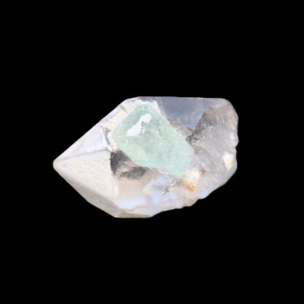 Green Tourmaline crystal on double-terminated Clear Quartz crystal 5.1g in sunlight - Rocks and Things Store