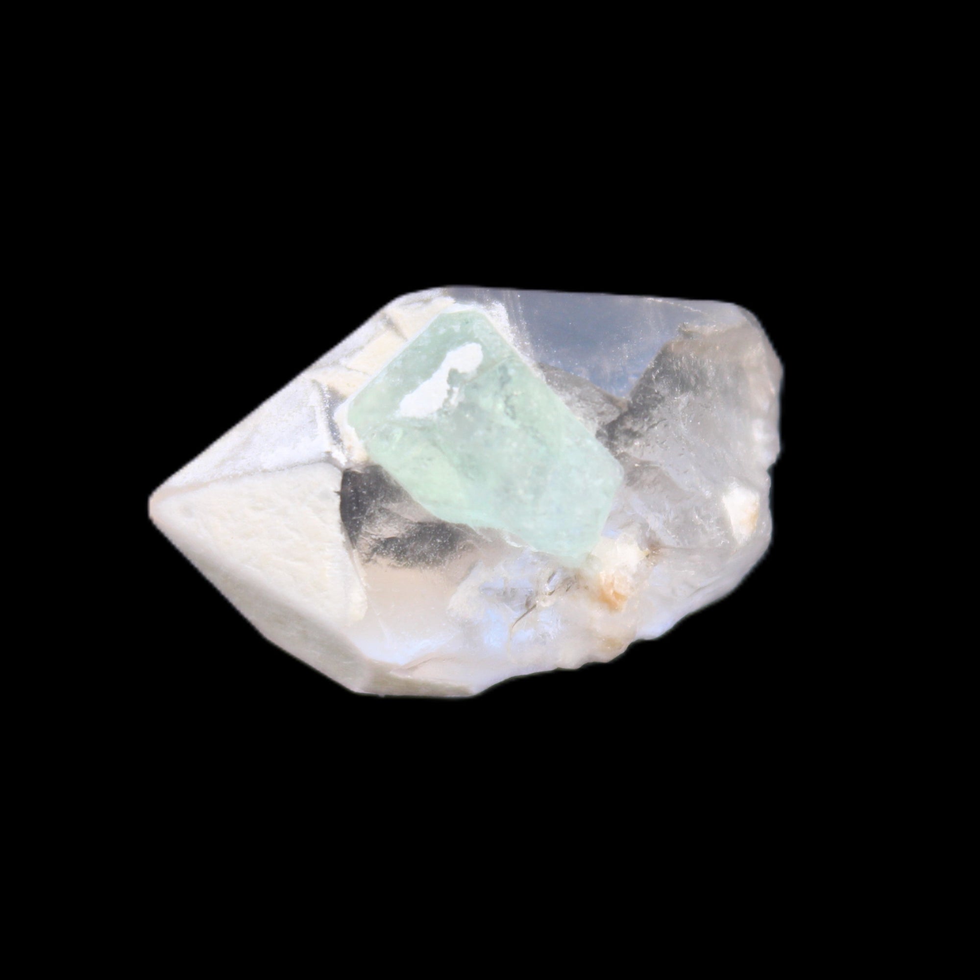 Green Tourmaline crystal on double-terminated Clear Quartz crystal 5.1g in sunlight - Rocks and Things Store