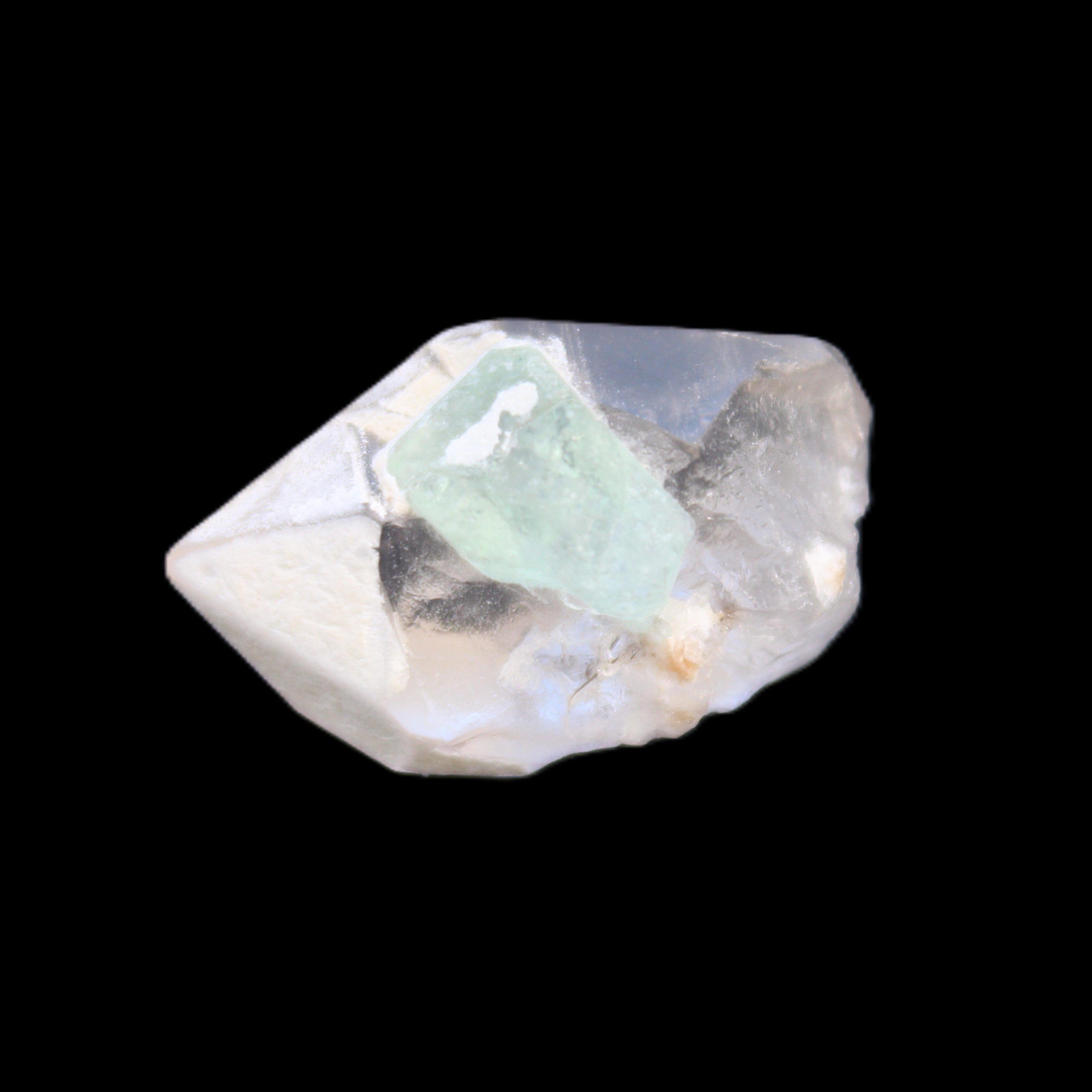 Green Tourmaline crystal on double-terminated Clear Quartz crystal 5.1g in sunlight - Rocks and Things Store