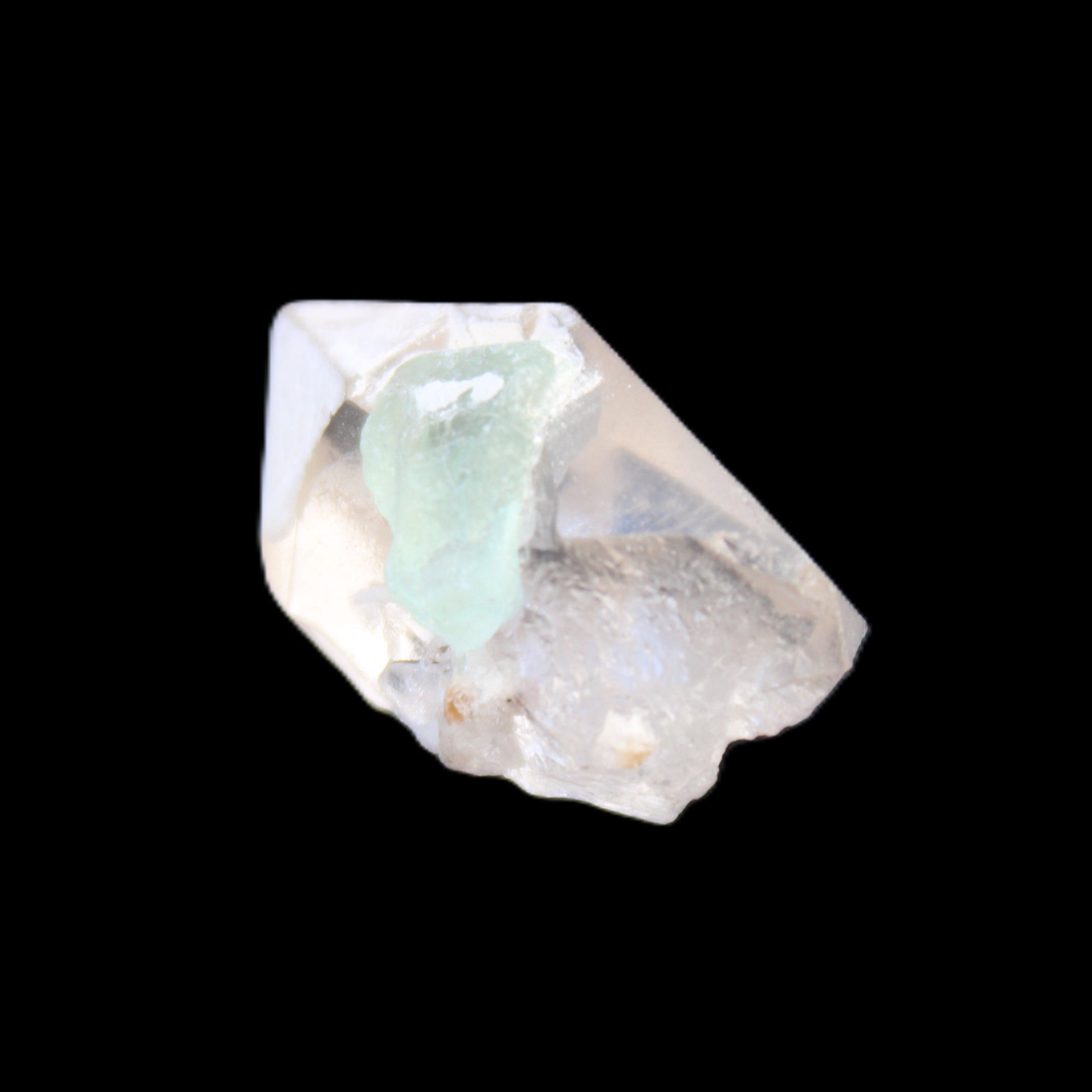 Green Tourmaline crystal on double-terminated Clear Quartz crystal 5.1g in sunlight - Rocks and Things Store