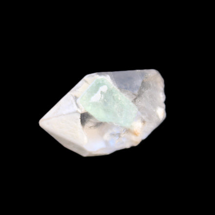 Green Tourmaline crystal on double-terminated Clear Quartz crystal 5.1g in sunlight - Rocks and Things Store