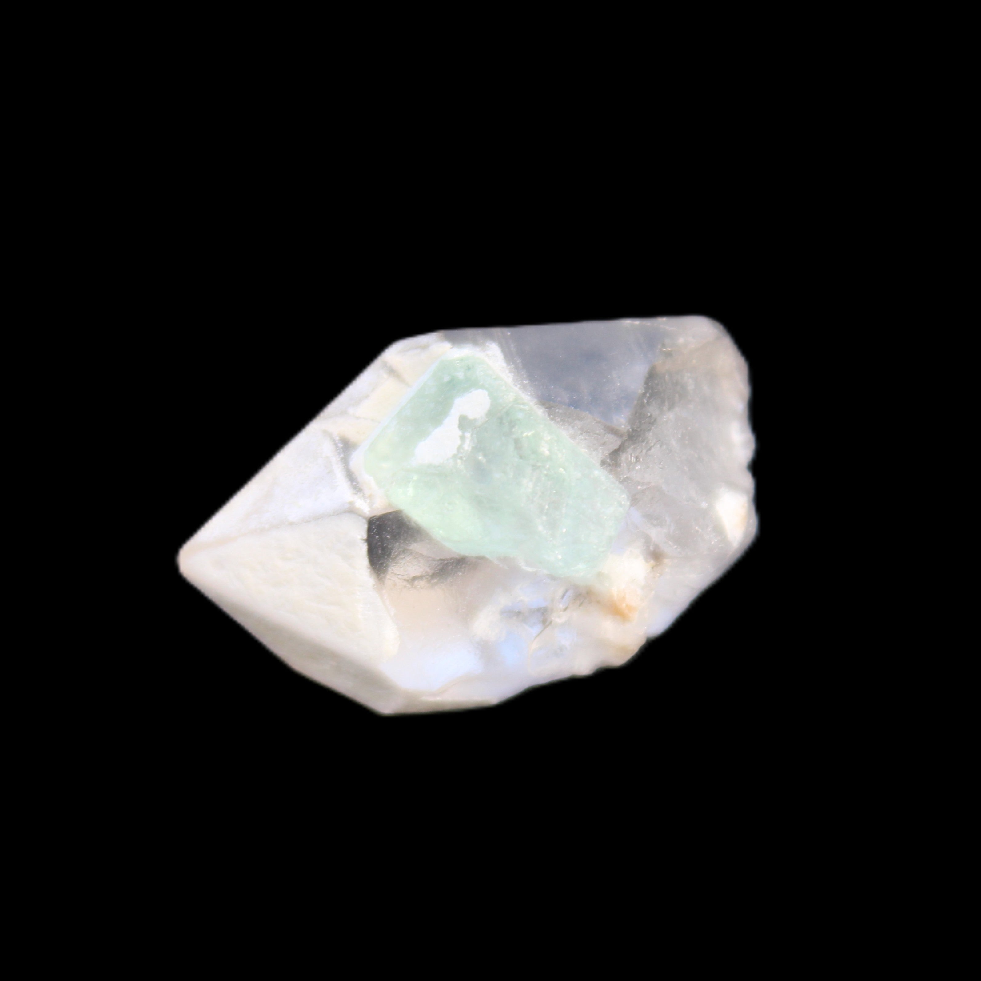 Green Tourmaline crystal on double-terminated Clear Quartz crystal 5.1g in sunlight - Rocks and Things Store