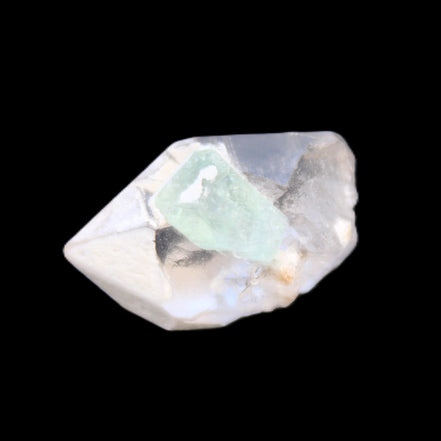 Green Tourmaline crystal on double-terminated Clear Quartz crystal 5.1g in sunlight - Rocks and Things Store