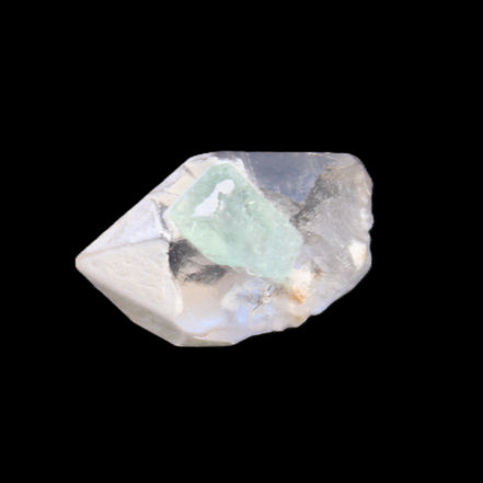 Green Tourmaline crystal on double-terminated Clear Quartz crystal 5.1g in sunlight - Rocks and Things Store