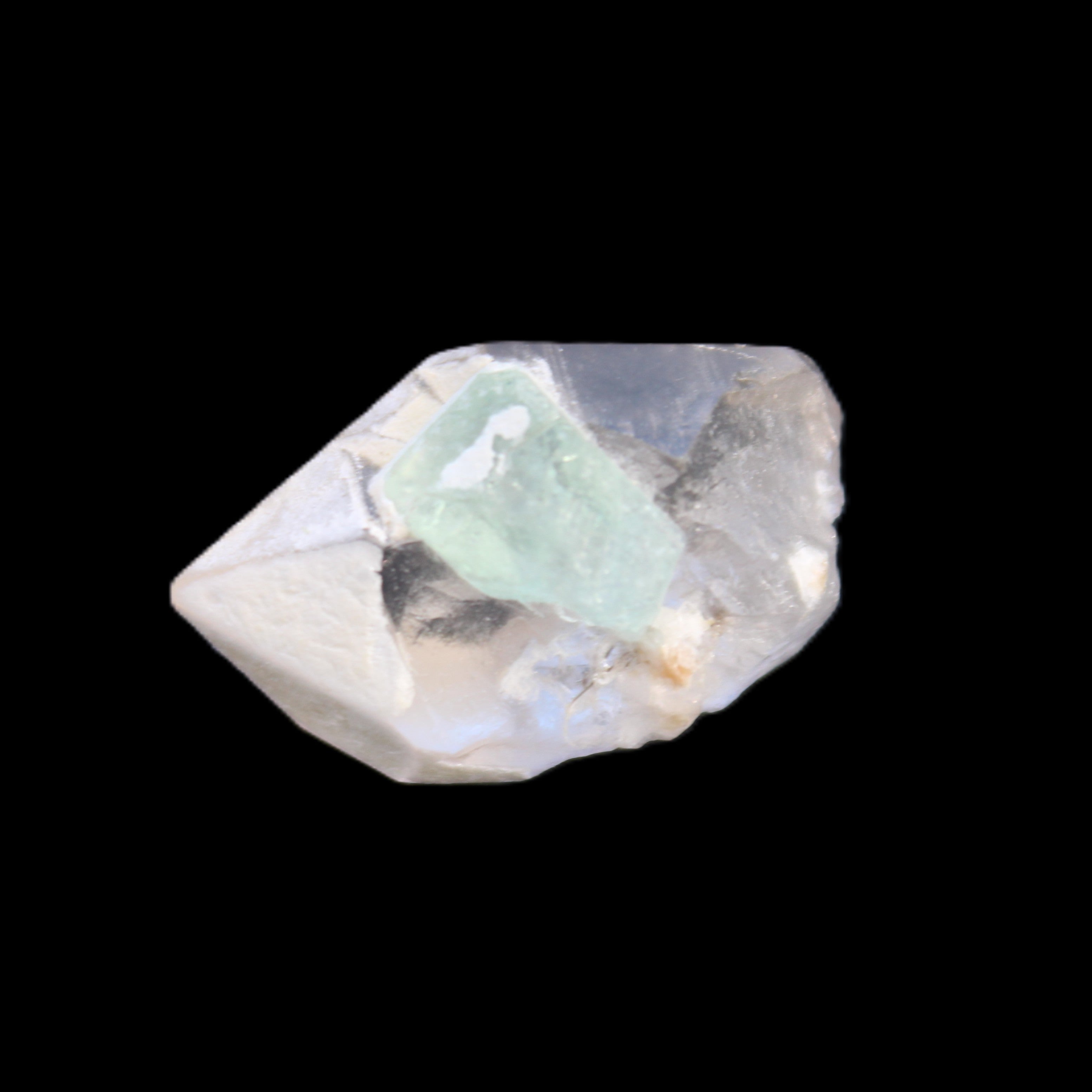 Green Tourmaline crystal on double-terminated Clear Quartz crystal 5.1g in sunlight - Rocks and Things Store