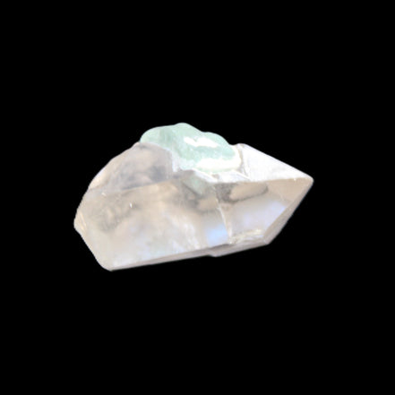 Green Tourmaline crystal on double-terminated Clear Quartz crystal 5.1g in sunlight - Rocks and Things Store