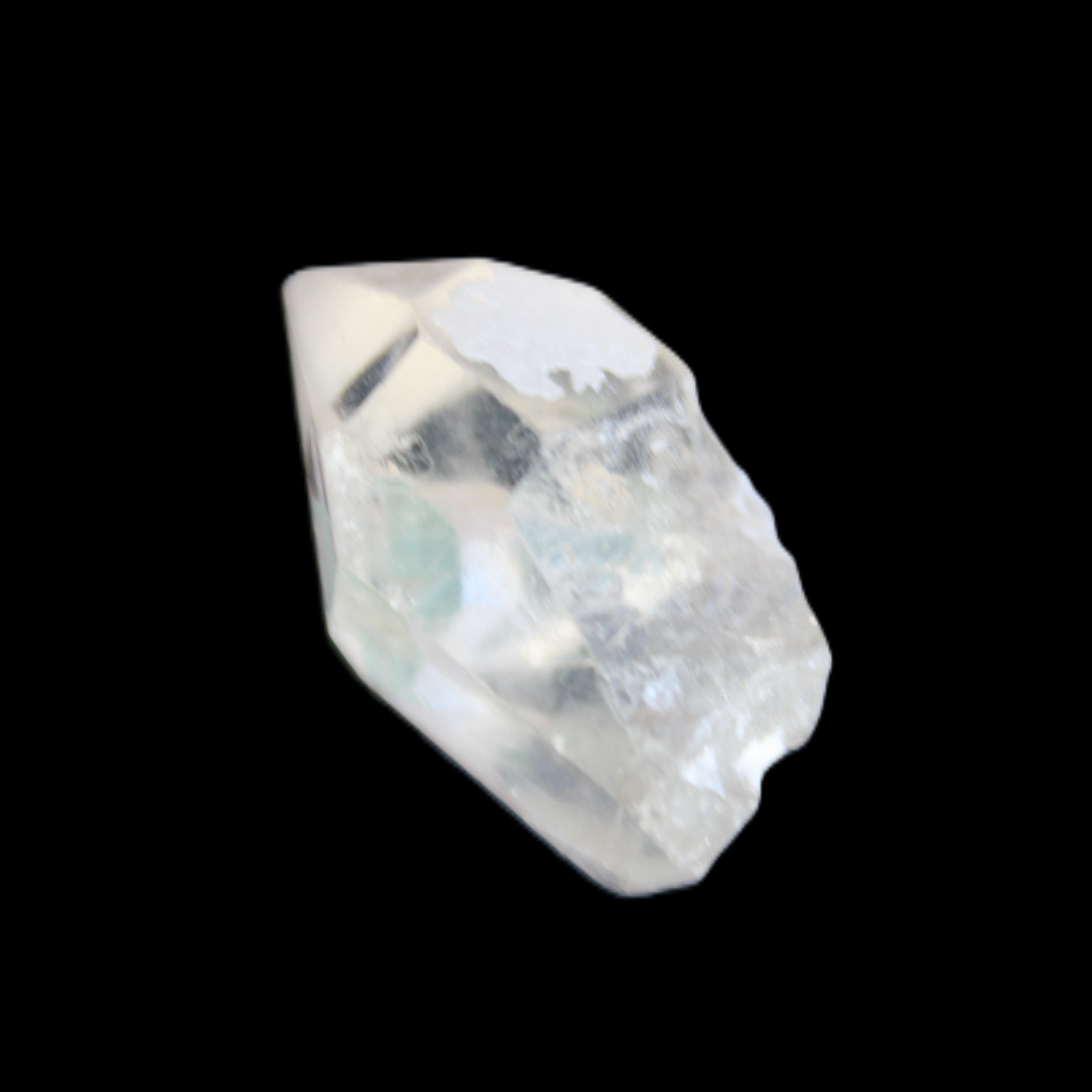 Green Tourmaline crystal on double-terminated Clear Quartz crystal 5.1g in sunlight - Rocks and Things Store