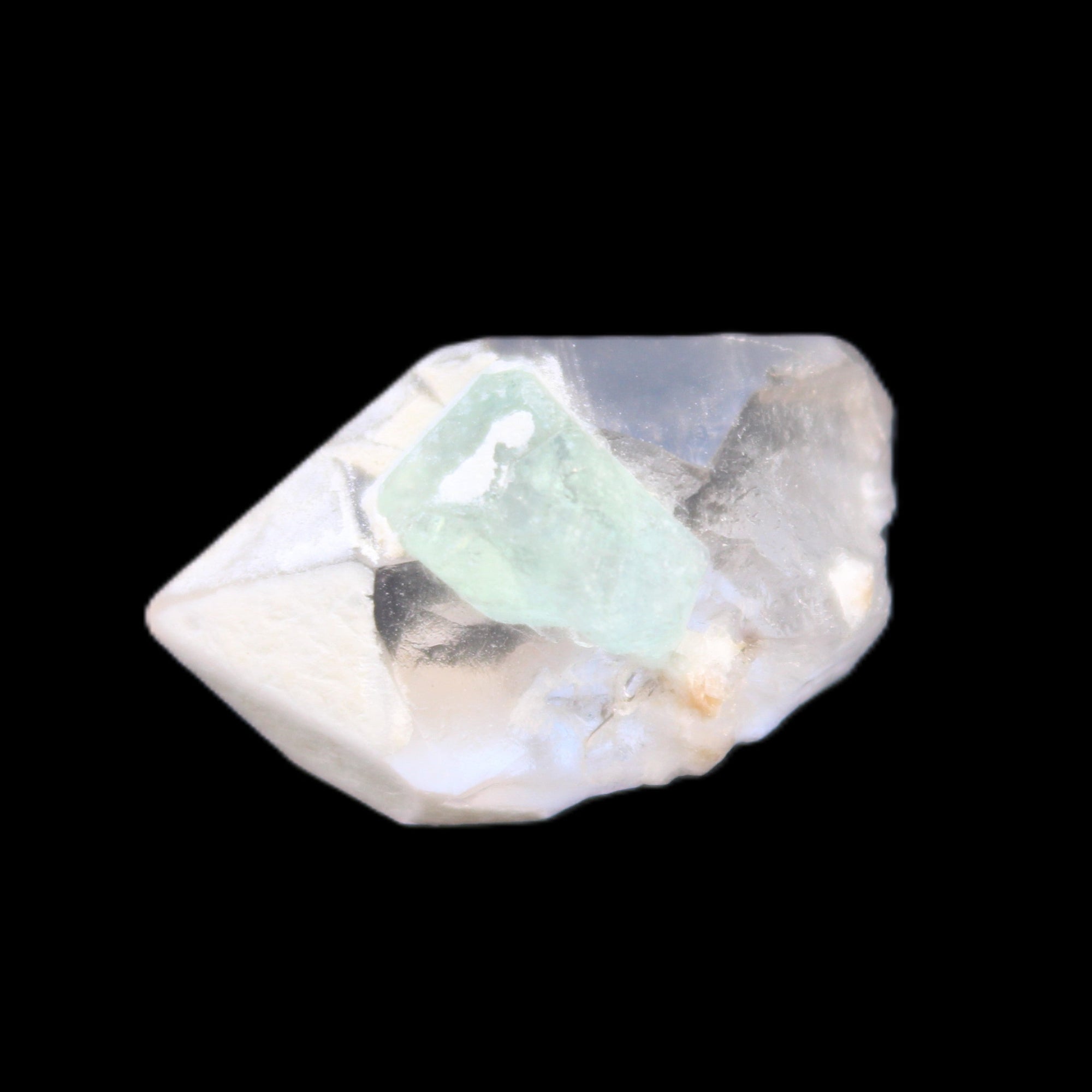 Green Tourmaline crystal on double-terminated Clear Quartz crystal 5.1g in sunlight - Rocks and Things Store
