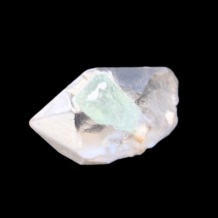 Green Tourmaline crystal on double-terminated Clear Quartz crystal 5.1g in sunlight - Rocks and Things Store