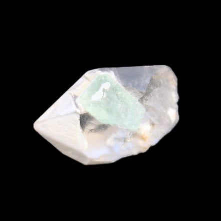 Green Tourmaline crystal on double-terminated Clear Quartz crystal 5.1g in sunlight - Rocks and Things Store