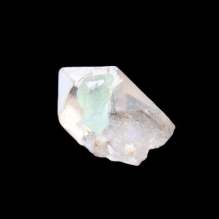 Green Tourmaline crystal on double-terminated Clear Quartz crystal 5.1g in sunlight - Rocks and Things Store