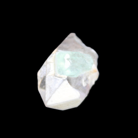 Green Tourmaline crystal on double-terminated Clear Quartz crystal 5.1g in sunlight - Rocks and Things Store