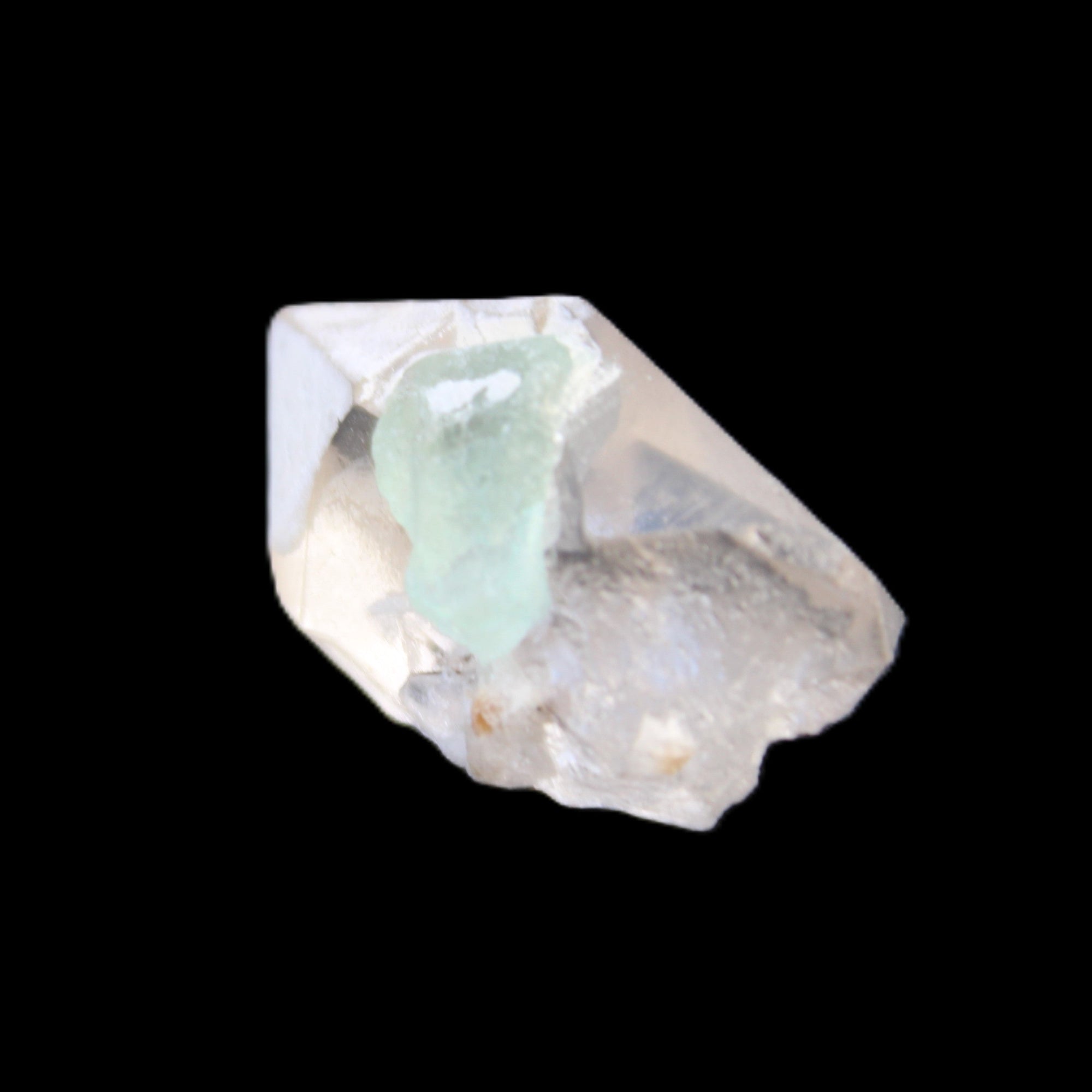 Green Tourmaline crystal on double-terminated Clear Quartz crystal 5.1g in sunlight - Rocks and Things Store
