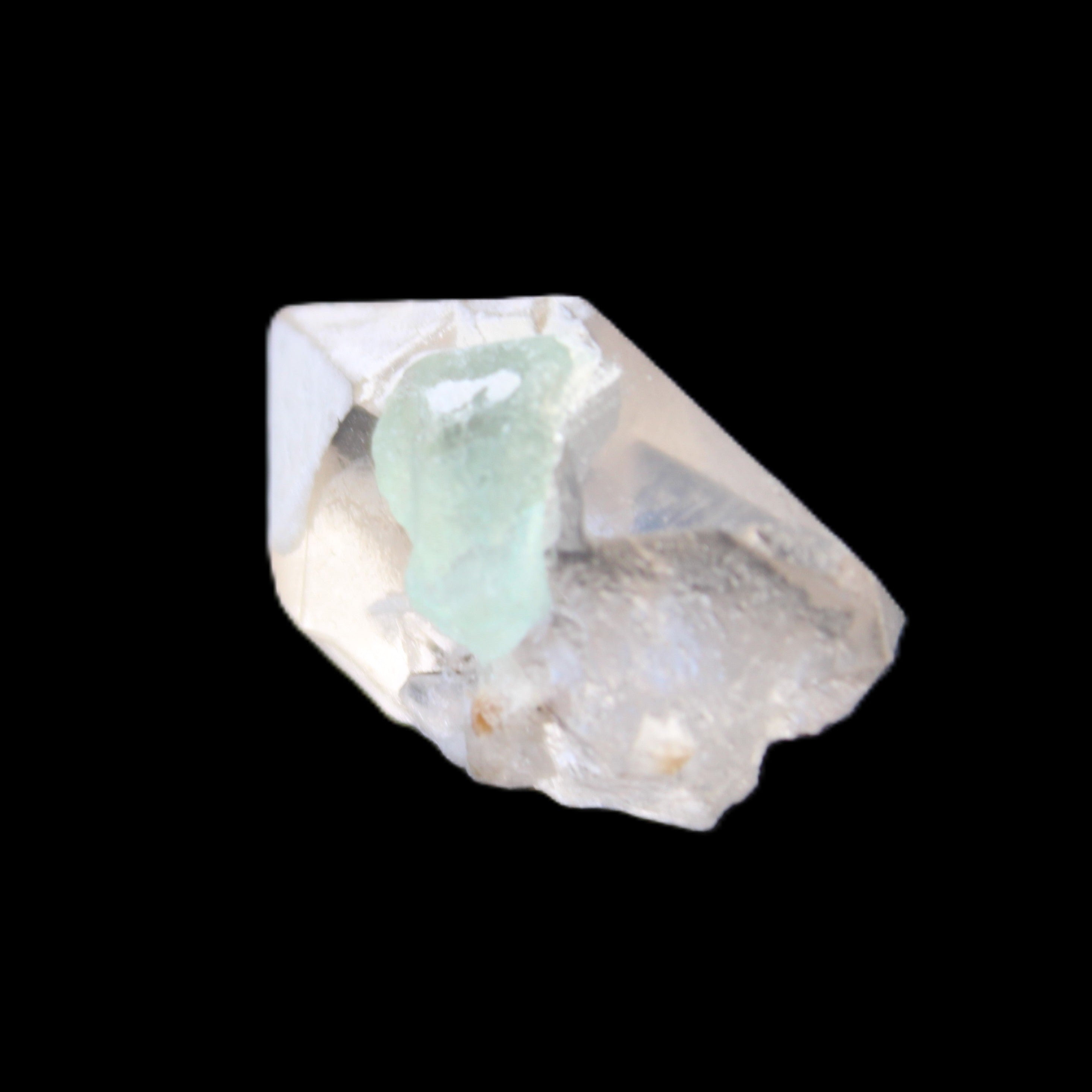Green Tourmaline crystal on double-terminated Clear Quartz crystal 5.1g in sunlight - Rocks and Things Store
