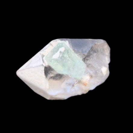 Green Tourmaline crystal on double-terminated Clear Quartz crystal 5.1g in sunlight - Rocks and Things Store