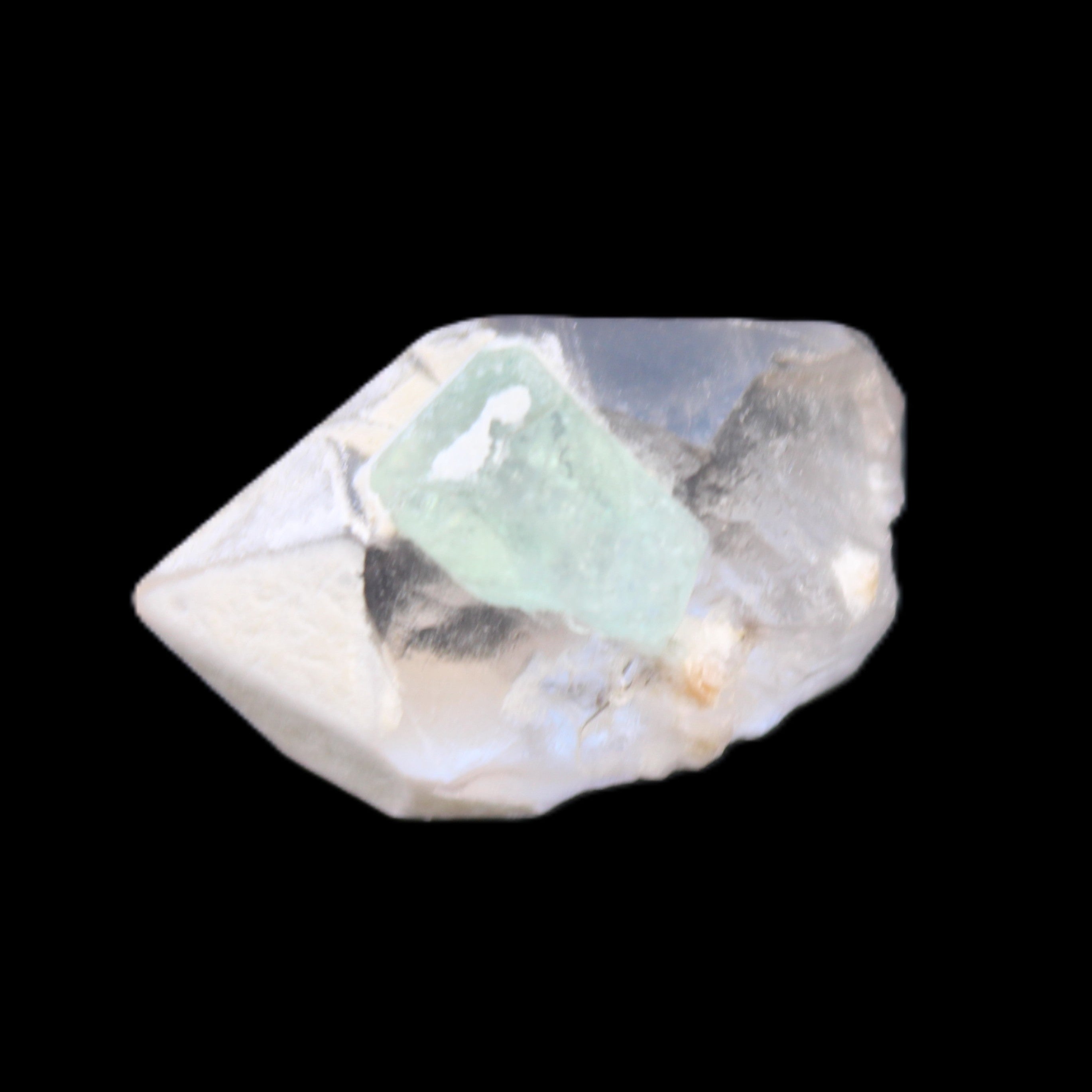 Green Tourmaline crystal on double-terminated Clear Quartz crystal 5.1g in sunlight - Rocks and Things Store
