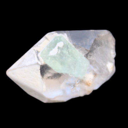 Green Tourmaline crystal on double-terminated Clear Quartz crystal 5.1g in sunlight - Rocks and Things Store