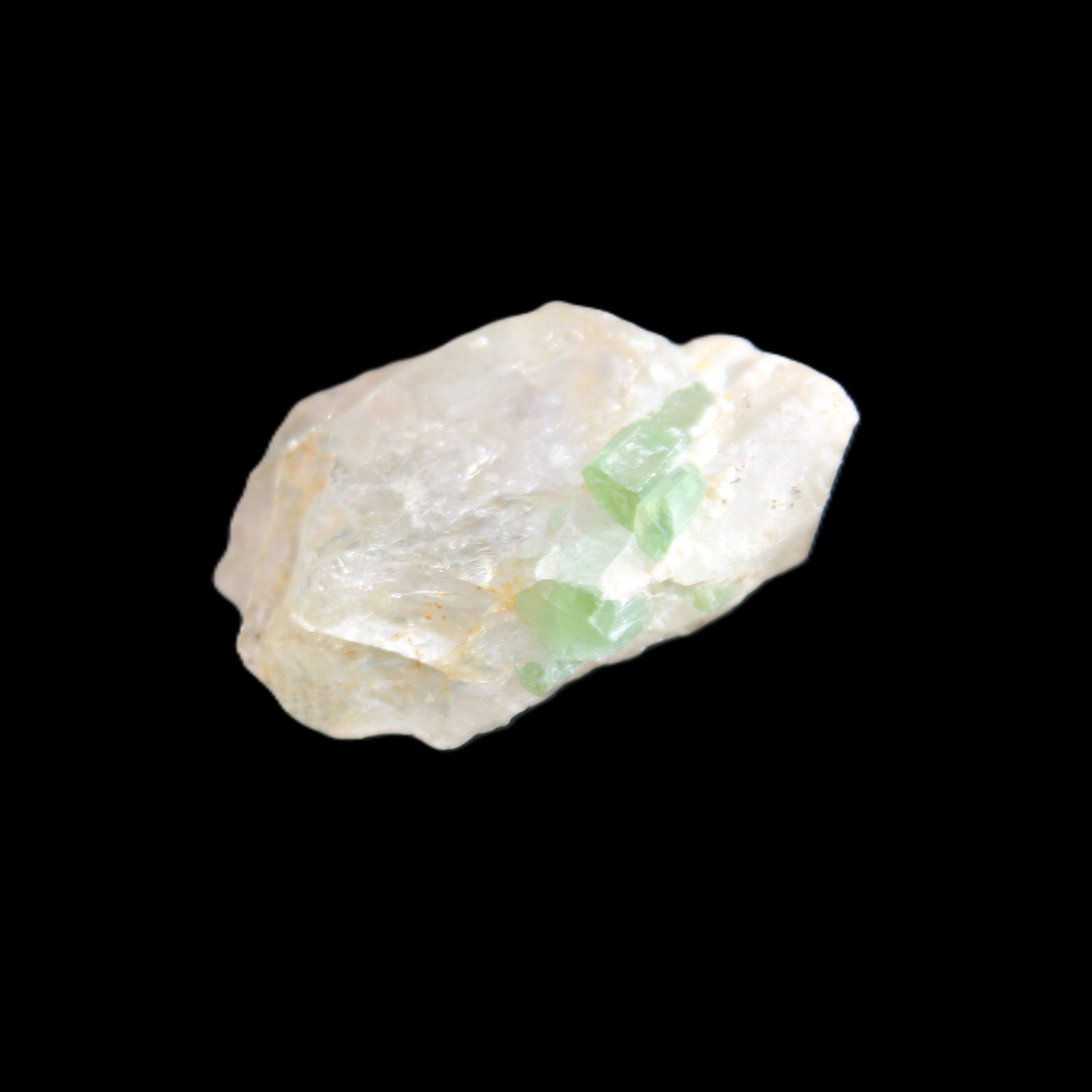 Green tourmaline on Clear Quartz 33*22mm 12.0g in sunlight - Rocks and Things Store