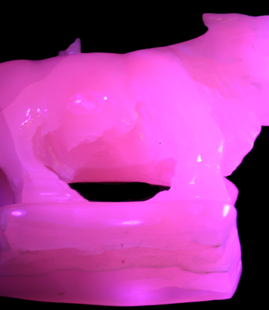 Pink Mangano Calcite Bull 240*85*78mm 3110g in UV light  - Rocks and Things Store