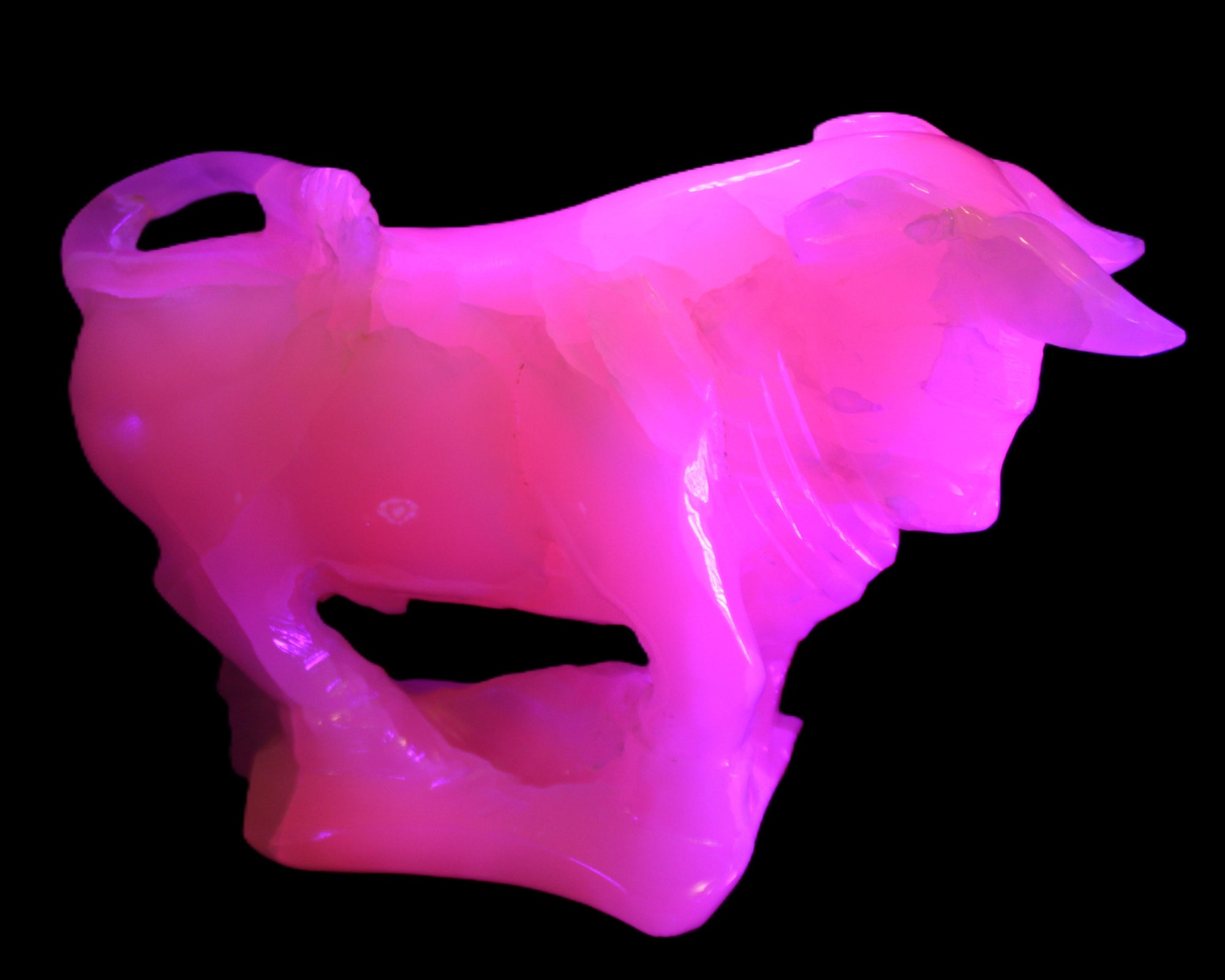 Pink Mangano Calcite Bull 240*85*78mm 3110g in UV light  - Rocks and Things Store