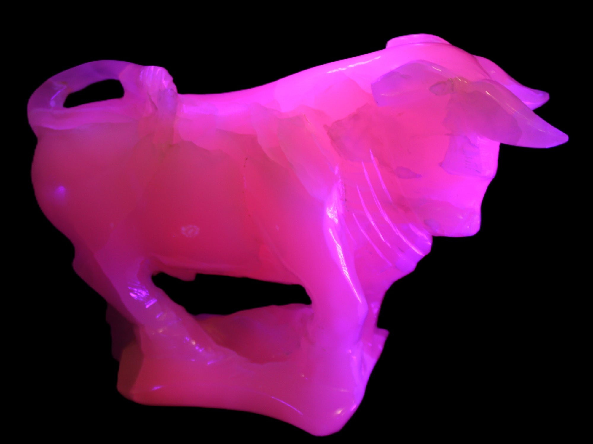 Pink Mangano Calcite Bull 240*85*78mm 3110g in UV light  - Rocks and Things Store