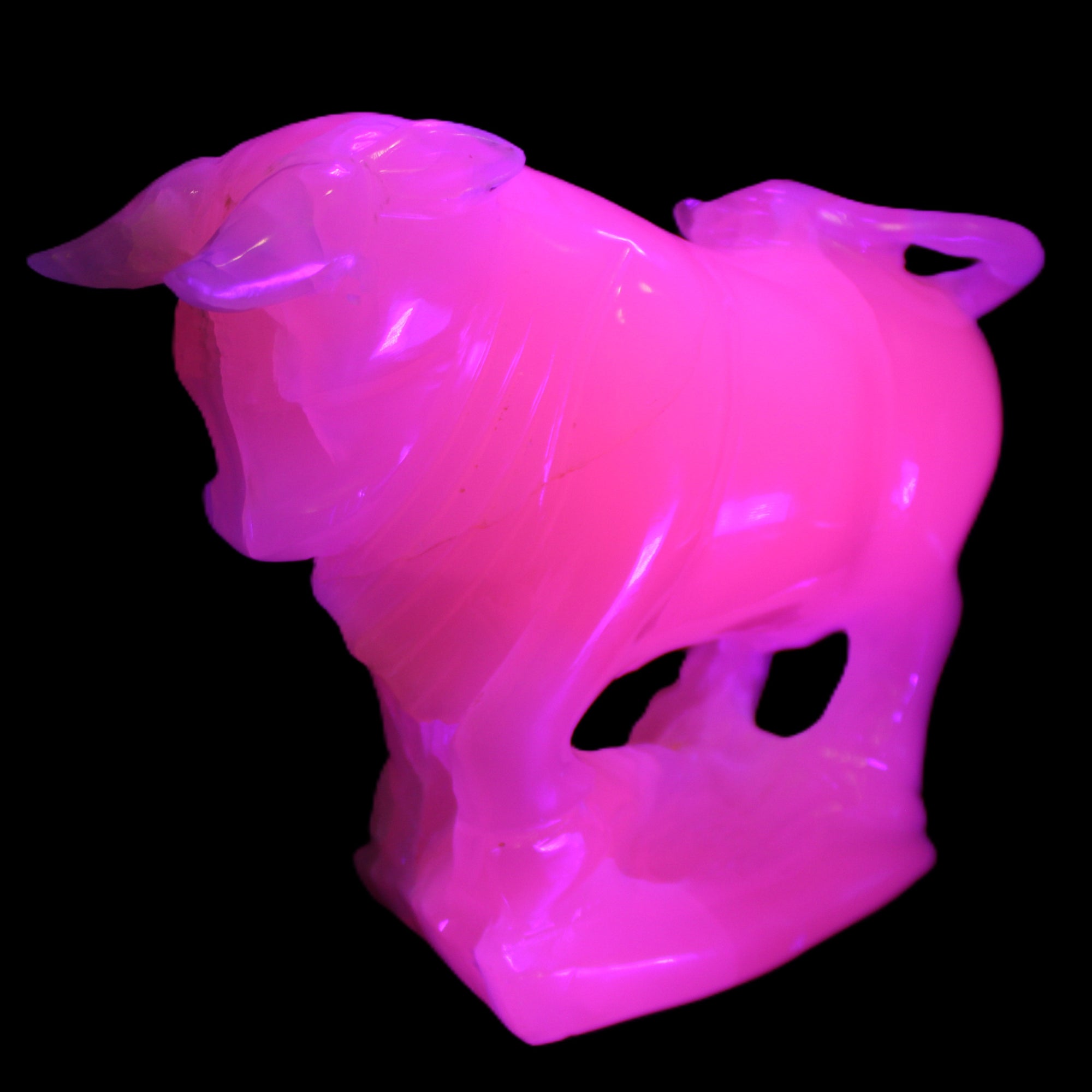 Pink Mangano Calcite Bull 240*85*78mm 3110g in UV light  - Rocks and Things Store
