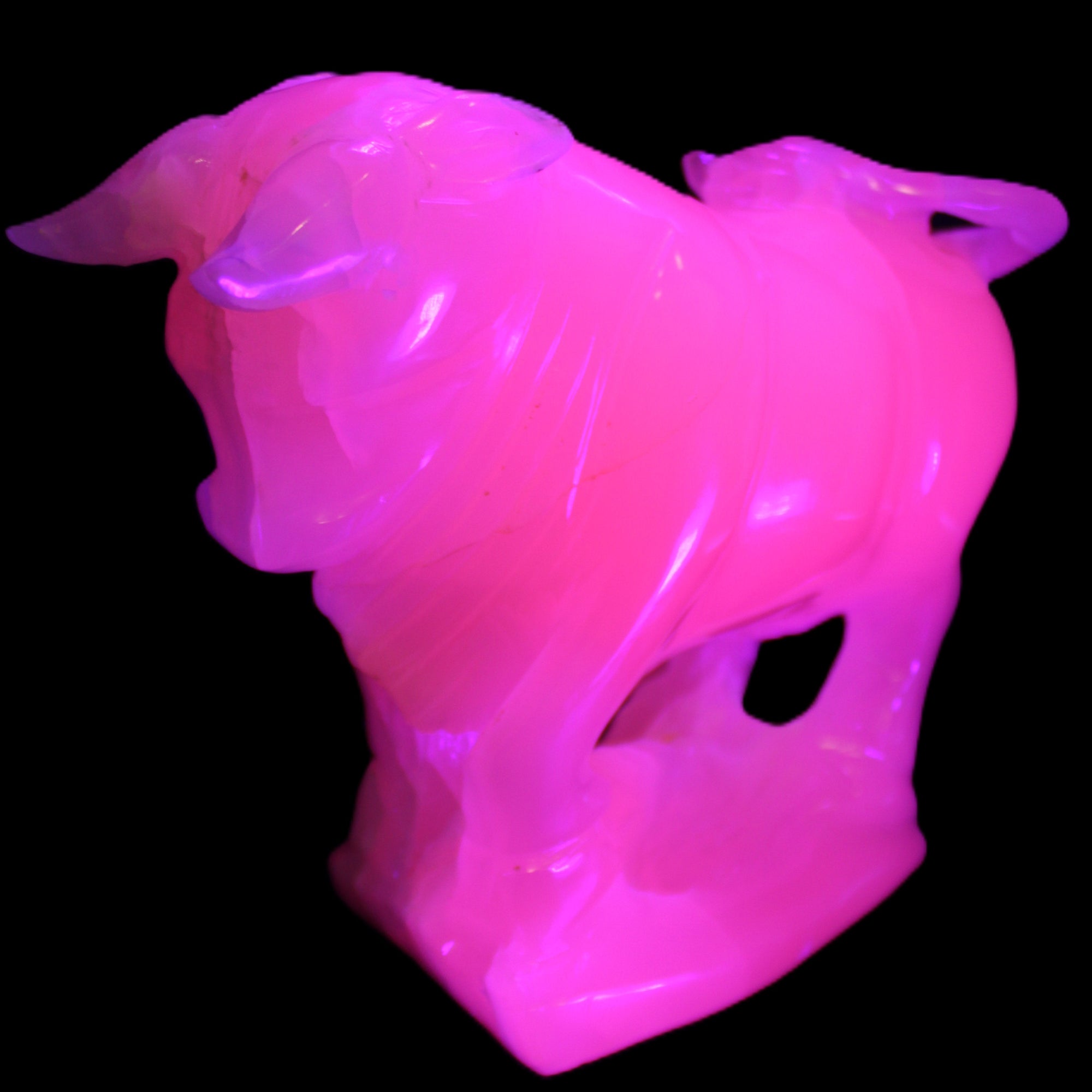 Pink Mangano Calcite Bull 240*85*78mm 3110g in UV light  - Rocks and Things Store