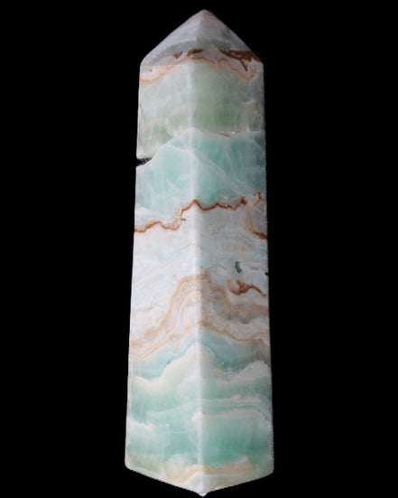 Pistachio Calcite obelisk 155mm 465g in sunlight - Rocks and Things Store