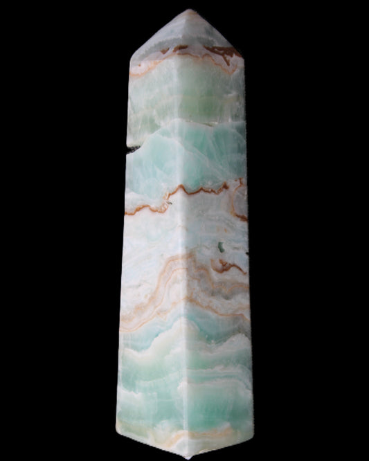 Pistachio Calcite obelisk 155mm 465g in sunlight - Rocks and Things Store