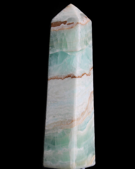 Pistachio Calcite obelisk 155mm 465g in sunlight - Rocks and Things Store