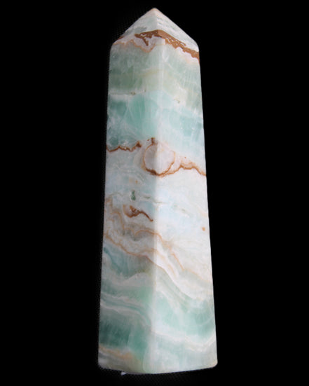 Pistachio Calcite obelisk 155mm 465g in sunlight - Rocks and Things Store