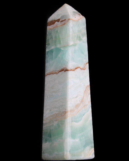 Pistachio Calcite obelisk 155mm 465g in sunlight - Rocks and Things Store