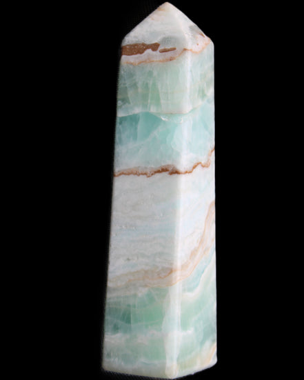 Pistachio Calcite obelisk 155mm 465g in sunlight - Rocks and Things Store