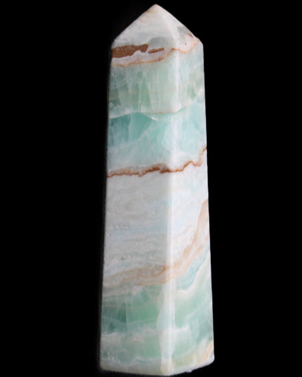 Pistachio Calcite obelisk 155mm 465g in sunlight - Rocks and Things Store