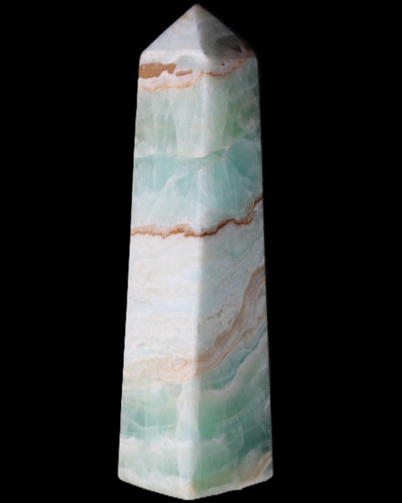 Pistachio Calcite obelisk 155mm 465g in sunlight - Rocks and Things Store