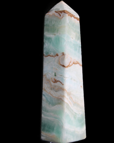 Pistachio Calcite obelisk 155mm 465g in sunlight - Rocks and Things Store