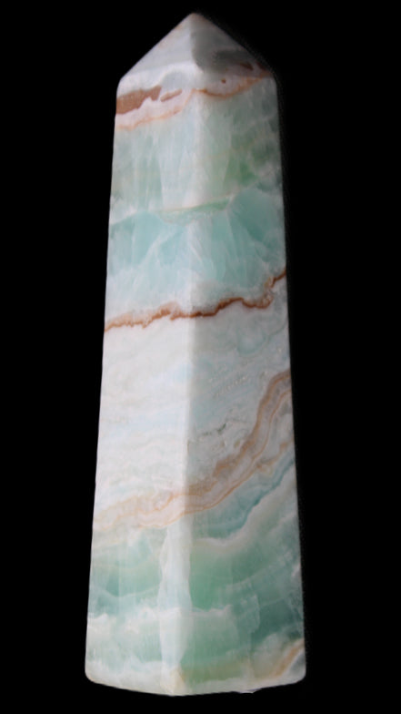 Pistachio Calcite obelisk 155mm 465g in sunlight - Rocks and Things Store