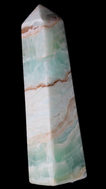 Pistachio Calcite obelisk 155mm 465g in sunlight - Rocks and Things Store
